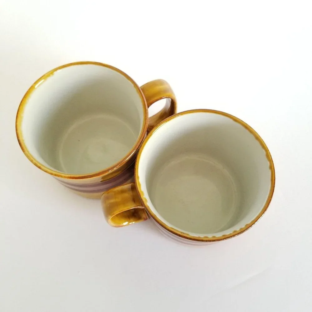 Vintage Glazed‎ Striped Brown Mugs Set of Two《381》